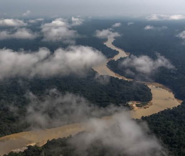 Aerial view of a river meandering through a rainforest, clouds