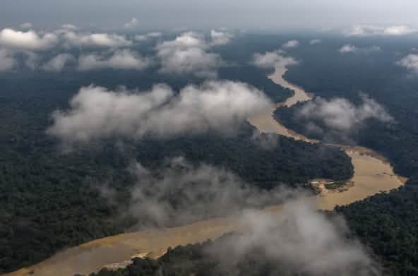 Aerial view of a river meandering through a rainforest, clouds