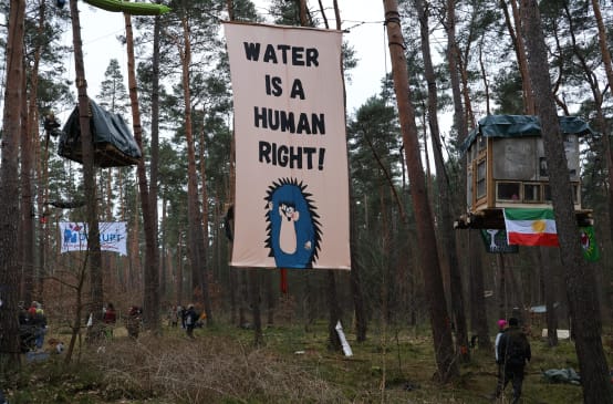 “Water is a Human Right” banner in a pine forest
