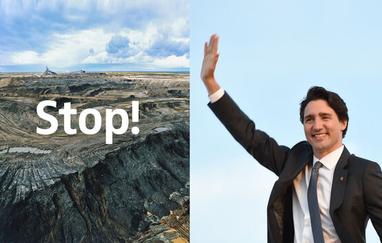 Montage: tar sand mine and Justin Trudeau