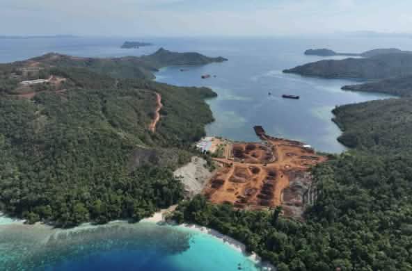 Aerial view of a nickel mine on a small island