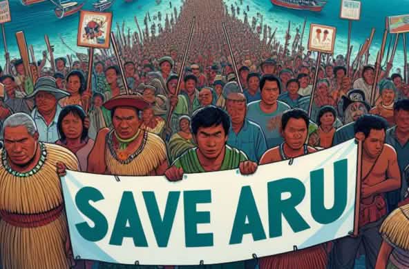 Graphic of crowd with "Save Aru" banner, ocean and ships in background