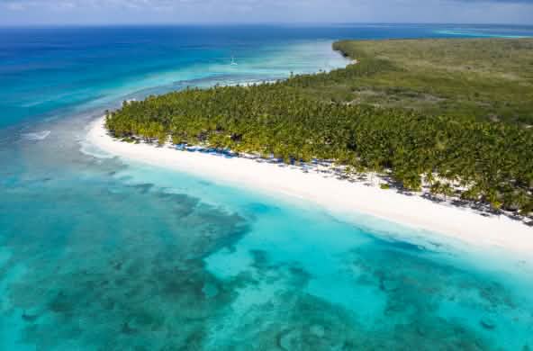 Aerial view of the tropical island Saona with coconut palms and turquoise Caribbean sea
