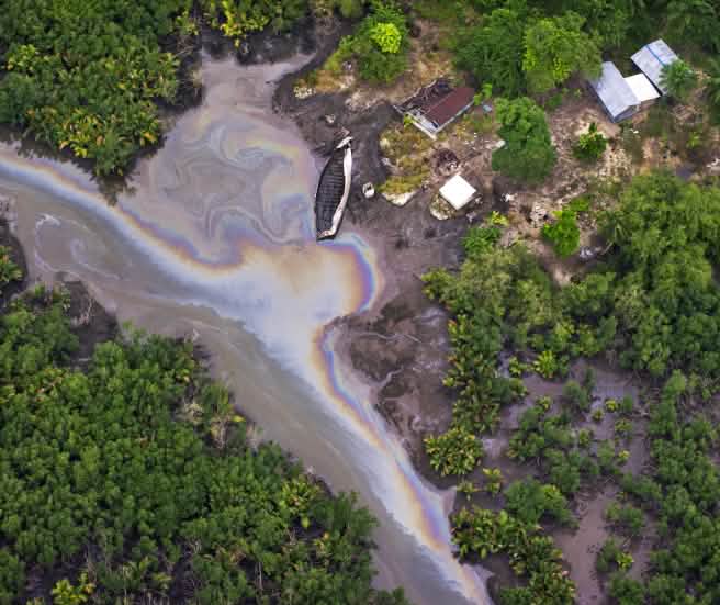 Aerial view of an oil spill on a river in Nigeria