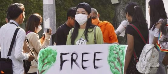 A young supporter in Phnom Penh calls for the release of the activists (© MNC) Young woman holding a large placard with the text “Free Mother Nature Activist!”