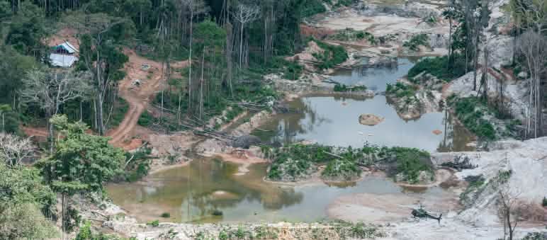 Illegal mining documented by the Brazilian environmental agency IBAMA to the Munduruku in the state of Pará. Illegal gold prospectors are destroying nature and indigenous protected areas throughout the Amazon region Aerial view of iIlegal gold mine in Brazil
