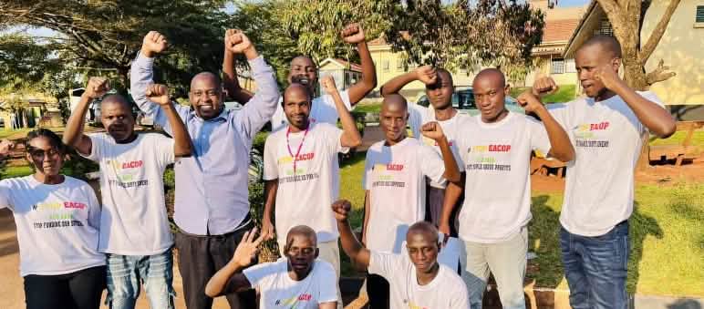Eleven activists spent 85 days behind bars for speaking out against the EACOP oil pipeline. Environmentalist Bob Baribye (3rd from left) with activists, Uganda