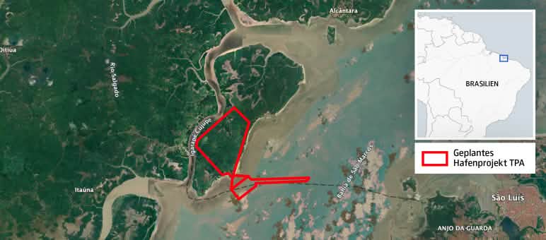 Location of the TPA port terminal and jetties on the island of Cajual and in the bay of São Marcos on the Atlantic Ocean. The northern half of the island does not consist of dry land, but mangrove forests in the tidal area Map showing the boundaries of the TPA port project