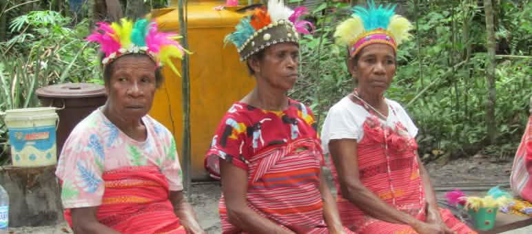In their festive attire, women await the Afsya’s official recognition as an Indigenous community Three women dressed in red fabric and colorful feather headdresses