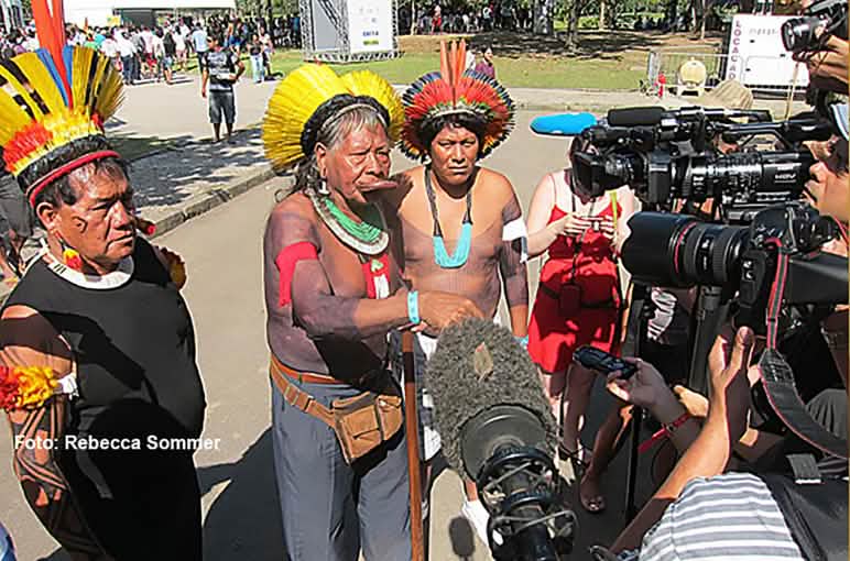 The indigenous groups take no rest fighting against Belo Monte Chief Raoni with his feathered headdress and war paint gives an Interview