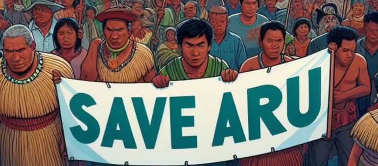 Save the Aru Islands from logging and carbon trading! Graphic of crowd with "Save Aru" banner, ocean and ships in background