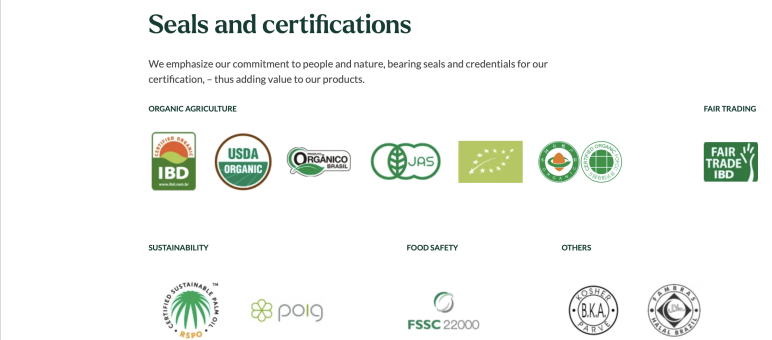 Screenshot of the Agropalma website with the various seals granted to the company Screenshot with the logos of the different seals granted to Agropalma