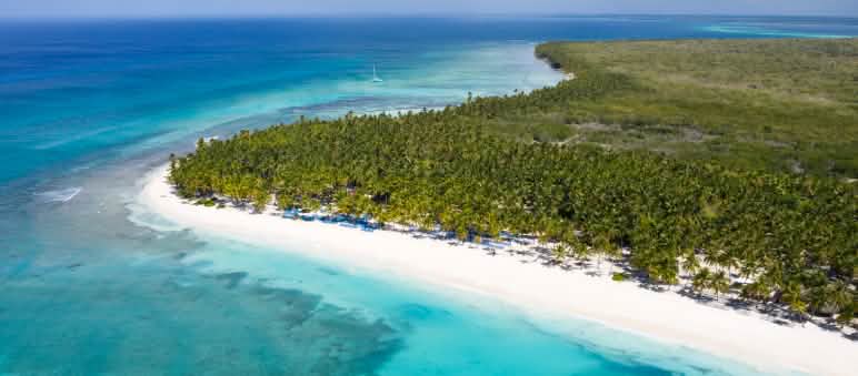 The tropical island of Saona, surrounded by coral reefs, is part of Cotubanamá National Park Aerial view of the tropical island Saona with coconut palms and turquoise Caribbean sea