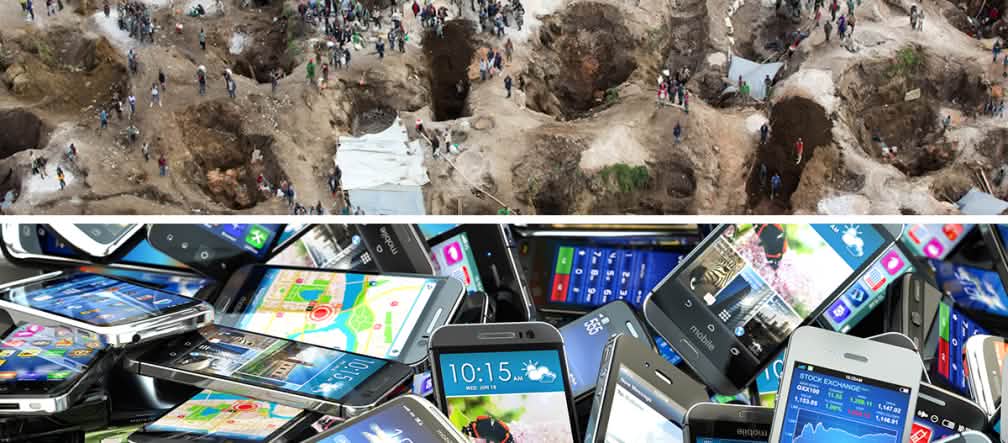 Coltan and other metals are in our smartphones Collage: coltan mining, smartphones