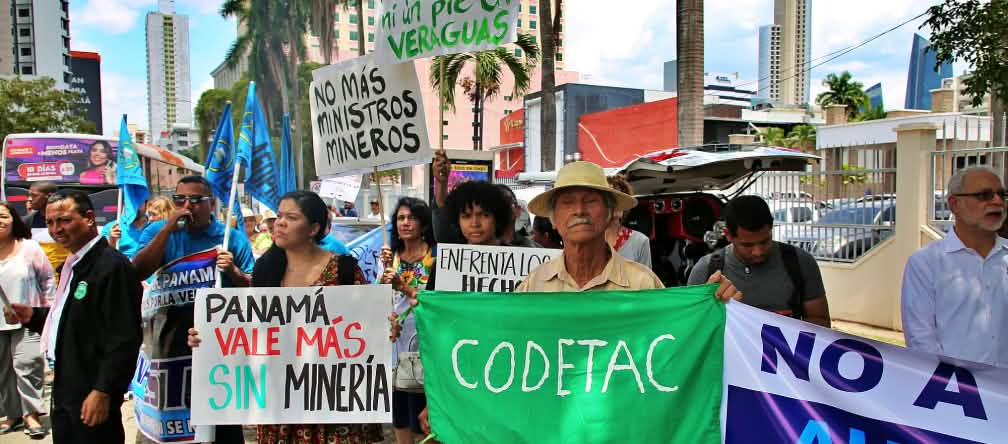 Protest against mining in the capital, Panama City Panama City: people with hand-painted banners protesting against mining