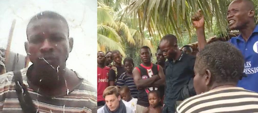 Joël (left) took part in a meeting between villagers and representatives of DEG, a German development bank. Activist Joël Imbangola Lunea (RIAO-RDC)