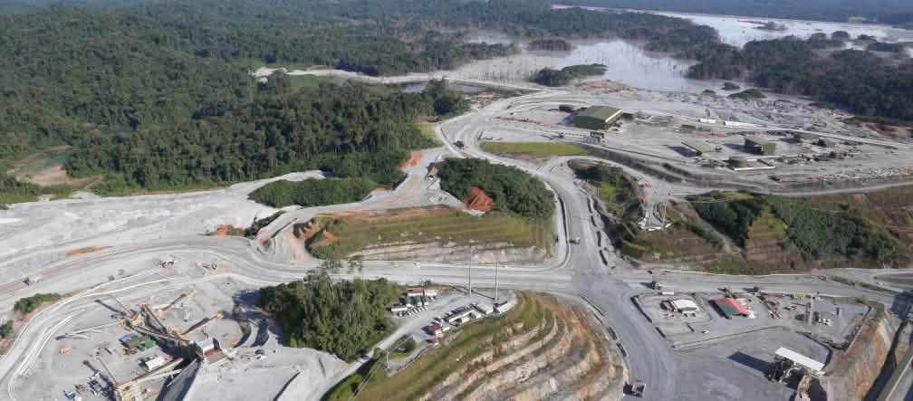 Aerial view of the open-pit copper mine of Minera Panamá, a subsidiary of the Canadian company First Quantum Minerals, in the rainforest of Panama Aerial view of a copper mine cut into the rainforest