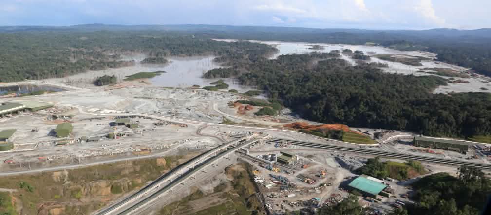 Aerial view of the open-pit copper mine of Minera Panamá, a subsidiary of the Canadian company First Quantum Minerals, in the rainforest of Panama Aerial view of a copper mine cut into the rainforest