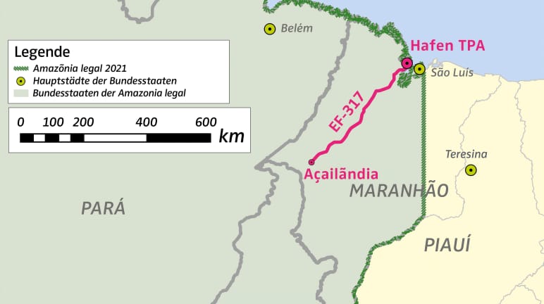 Map with location of the port TPA and the freight railway EF-317 to Amazonia legal in Brazil