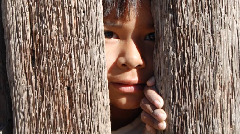 A child peeking through two wooden planks