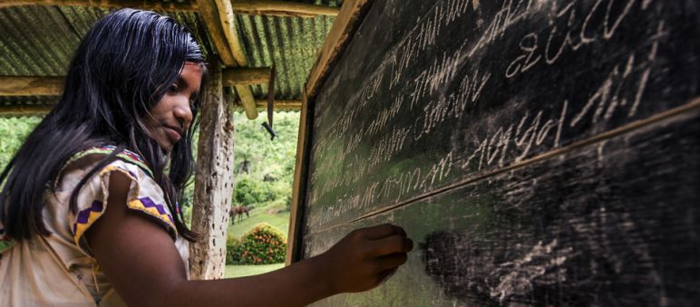 The Ngäbe-Buglé are concerned about the survival of nature and their indigenous culture A young Ngäbe-Buglé woman writing on a blackboard
