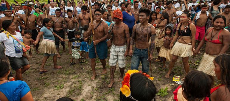 The land of the Mundurukú is safe for now. Mundurukú people protesting the Tapajós dam